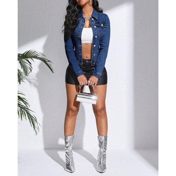 Women's Cropped Denim Jacket Lapel Button Down Long Sleeve Jean Jacket Dark Blue - Picture 6 of 6